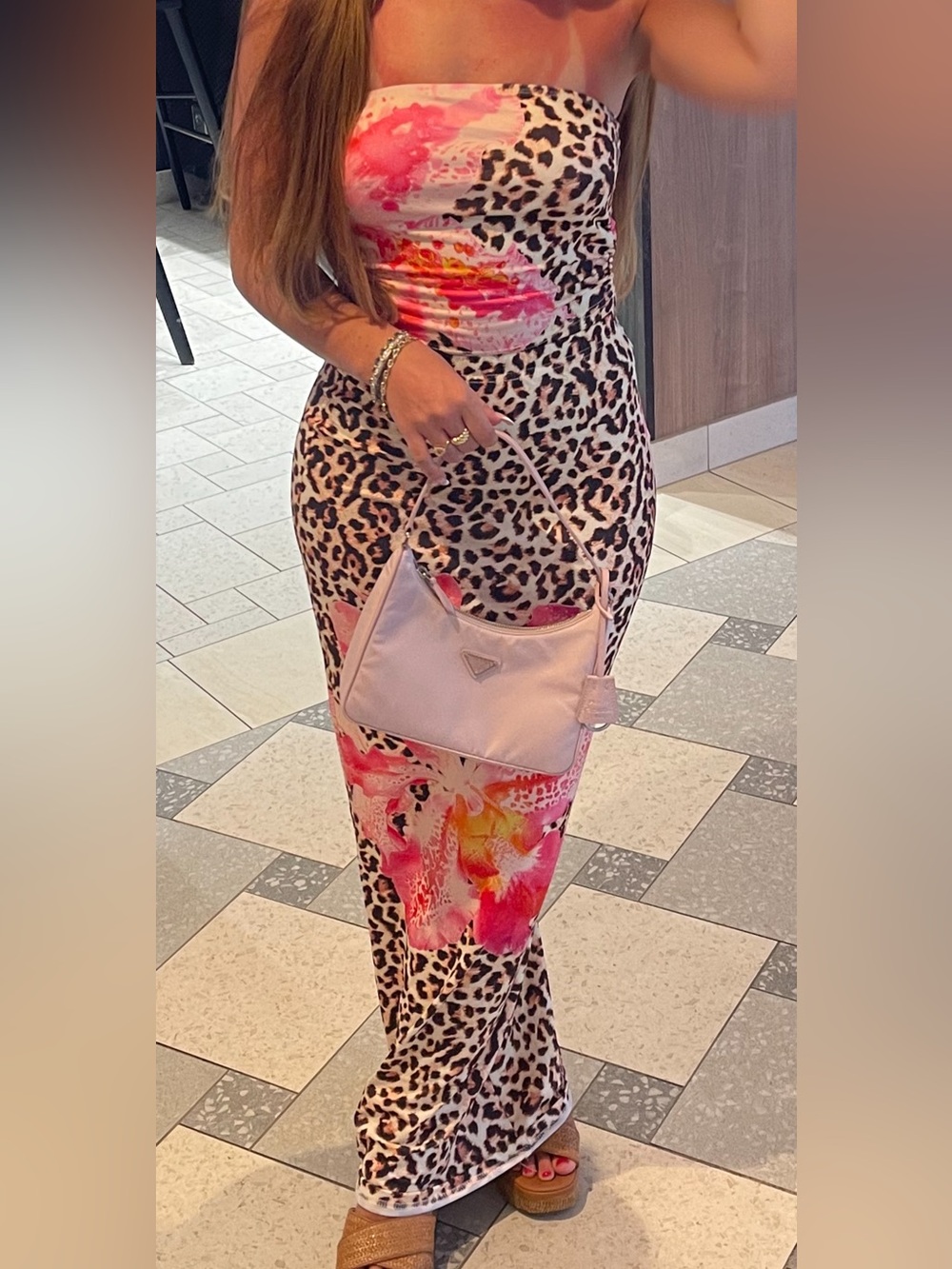 SHEIN Leopard & Pink Floral Strapless Maxi Skirt and top
